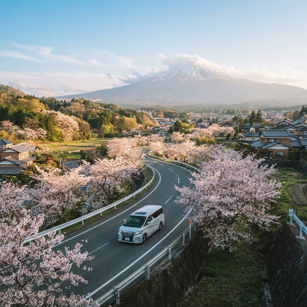 富士山と桜、日本の田園を走る貸切チャーター車